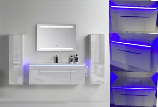 5-tlg Badmöbel Set – 90 cm Weiß Hochglanz mit LED Spiegel