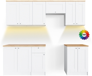 Vicco Küchenzeile Weiß 240 cm , AP Goldkraft mit LED-Leisten, Bergamo