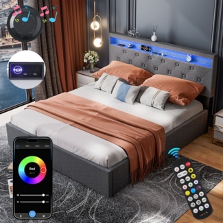 LOVONLIVE Polsterbett Doppelbett 140x200cm mit Stauraum LED Licht,Lautspreche, anhebbarer (Polsterbett mit praktischem Stauraum, integrierter LED-Beleuchtung und USB-Anschluss, Modernes Design mit LED-Licht, Stauraum und Ladeanschlüssen im Bett), LED-L...