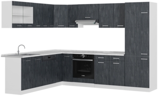 Eckküche R-Line Schwarz Beton/Weiß 287 x 46 cm ohne Arbeitsplatte Vicco