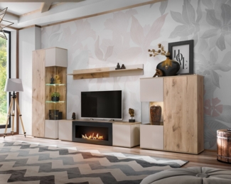 ASM-Moebel Wohnwand Wohnwand CATALINA mit Rillenfront Bio Ethanol Kamin LED Push - Click, Mit Bio-Ethanol Kamin, Led Beleuchtung und Push-Click System.