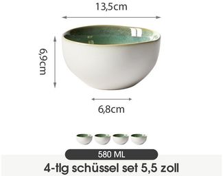 JIWOO Salatschüssel 4er Ø13.5cm, Müslischüssel Suppenschüssel Dessertschale Obstschale, Keramik, (Schüsselset, 4-tlg), Hochwertiges Schüsseln Grün Mikrowellen und spülmaschinenfest Ø13,5cm