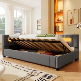 HAUSS SPOLE Schlafsofa 90x200 mit LED-Lichtleiste, Hydraulischer Stauraum, USB+Type-C, Grau, mit USB-C, hydraulischem Bettkasten & 7-Farben-Licht 90x200cm, ohne Matratze