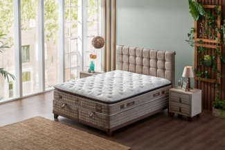 Pointhome Boxspringbett Set, Cotton Master, Schlafzimmerbett, Matratze mit Topper, H2(M-Weich) (1 x H2 Mittelweich Matratze, 2 x Bettkasten, 1 x Bettkopfteil), Doppeltes Taschenfederkernsystem, Einseitig, Matratzenhöhe: 34 cm