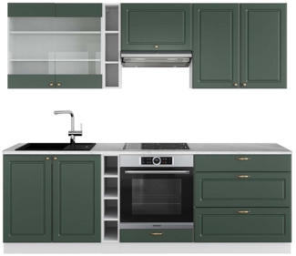 Küchenzeile Fame-Line Grün-Gold Landhaus/Weiß 235 cm , AP Marmor Vicco