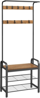 Vasagle Garderobenständer, Kleiderständer, Garderobe, Schuhregal mit Sitzfläche, mit 9 abnehmbaren Haken, Sitzbank, 2 Gitterablagen, 183 cm hoch, walnussbraun-schwarz von Songmics HSR040B41