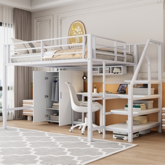 Bett 140x200 cm Hochbett mit Schreibtisch und Kleiderschrank, Weiß – platzsparendes Kinderhochbett