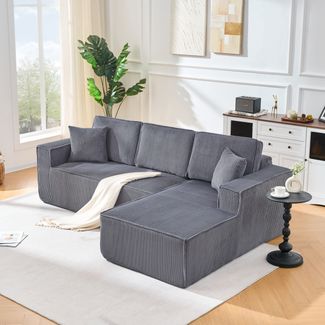 LVHOM L-Form Ecksofa mit Chaiselongue, 3-Sitzer Sofa mit 2 Kissen, Cloud Sofa aus Cordstoff, kein Aufbau erforderlich, Skandinavisches Design, Grau