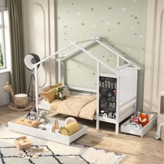 Gdood Kinderbett Hausbett Massivholzbett Jugendbett (1-tlg, Holzrahmen Inkl. Rausfallschutz und Lattenrost), holzBett mit Tafel, 2 Schubladen, 90x200 cm