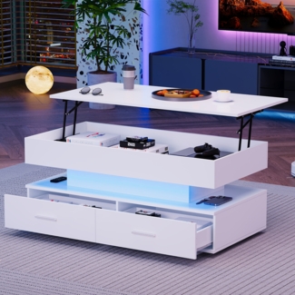 Couchtisch 100 x 50 x 44 cm, hydraulisch höhenverstellbarer Wohnzimmertisch mit LED-Beleuchtung und Bluetooth-App
