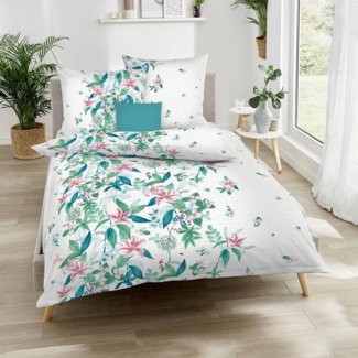 Kaeppel Seersucker Bettwäsche Dschungellilien türkis|155x220 cm + 80x80 cm