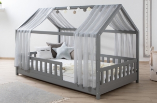 Ticaa Hausbett Kim mit Rausfallschutz aus Kiefer, Kinderbett 90x200, inkl. Tüll-Set, mit Rollrost