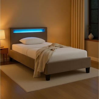 IDIMEX Polsterbett BAGO, Jugendbett mit LED Beleuchtung & Lattenrost Samtbezug greige