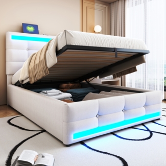 Merax Polsterbett 90x200cm mit 2 USB, Boxspringbett Einzelbett mit Stauraum und Lattenrost, Jugendbett mit Led, Funktionsbett, Leinen, Beige
