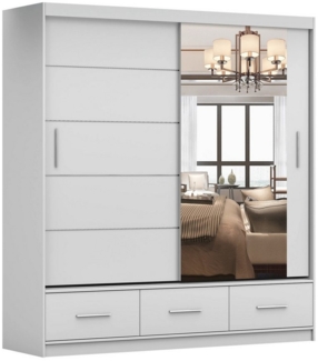 Deine Möbel 24 Schwebetürenschrank FLORENZ 150 200 250 cm Kleiderschrank Schiebetürenschrank Weiß Matt (Set, 3-St, Schrank inkl. Kleiderstange und Einlegeböden) inkl. Spiegel und Schubladen Flur Garderobe Schlafzimmer