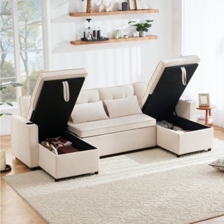 MODFU Schlafsofa Baumwoll-Leinen-Stoff, flexibel umwandelbar, Polstersofa, Wohnzimmersofa, inkl. Kissen und Getränkehalter, Baumwoll-Leinen-Stoff