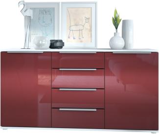 Vladon Sideboard Linio 139 x 72,5 x 35 cm Anrichte mit 2 Türen und 4 Schubladen, Korpus in Weiß matt, Fronten in Bordeaux Hochglanz