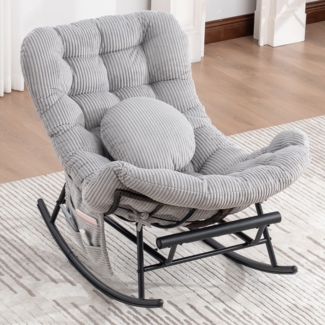 LVHOM Schaukelstuhl mit ausziehbarer Fußstütze, Rattanstuhl mit Stahlrahmen, Schaukelsessel mit gepolstertem Kissen und Seitentasche, Lounge Sessel, 1 St, Hellgrau