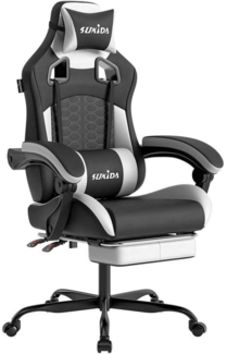 Gaming Stuhl Schwarz ergonomisch mit Fußstütze, Kopfstütze & Lendenwirbelstütze