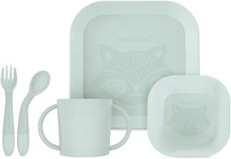 Miniland Meal Set Square Mint. Quadratförmiges Geschirr einschließlich Teller, Schüssel, Becher und flexiblem Besteck, hergestellt in Spanien mit hochwertigen Materialien