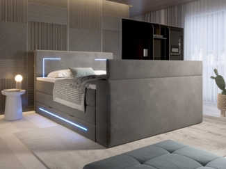 wonello Boxspringbett Monaco mit TV-Lift, mit Bettkasten, Matratzen und Topper, mit LED-Beleuchtung, Samt