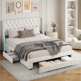 Furnishings Home Polsterbett Stauraumbett Doppelbett LED (Multifunktionsbett, Mehr als 6000 Farben), LED-Beleuchtung mit Seitenflügeln, 3 Schubladen, Samt, 140x200 cm