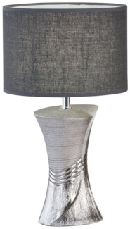 LED Tischlampe mit Keramikfuß Silber & Stoffschirm Leinen Grau, Höhe 44cm