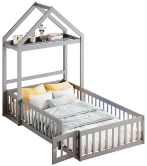 Flieks Massivholzbett, abnehmbares Kinderbett Hausbett mit Regal und Kleiderstange 90x200 cm