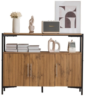 Yorbay Sideboard Anrichte Kommode Natur Farbe, mit 3 Türen, verstellbaren Einlegeböden, Robustes Sideboard mit schwarz Metall Füße, 120x35x90 cm(BxT/H)