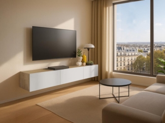Vente-unique - TV-Hängemöbel mit 3 Türen - Weiß und Holzfarben hell - VIKILA