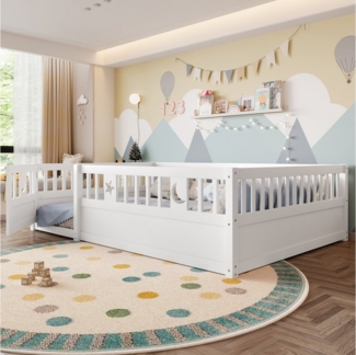 Flieks Kinderbett, Bodenbett Massivholzbett 140x190cm mit Gitter und Lattenrost