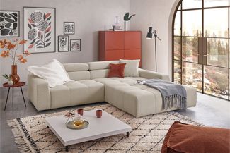 KAWOLA Sofa RENO Ecksofa Feincord beige mit motorischem Sitzvorzug Longchair rechts 68 x 217 x 258 cm