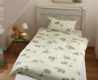 Mako Satin Kinder Bettwäsche Elefanten 100x135 + 40x60 cm Grün von Bettwaesche-mit-Stil