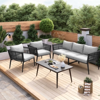 Gartenlounge-Set mit rutschfestem Design, Balkonset, 1 3er Sofa, 2 Sessel und 1 Couchtisch , mit Antirutsch-Pads, geflochtene Seilarmlehnen