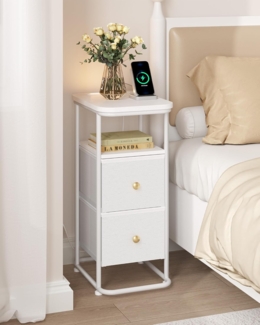 Nachttisch 2er Set, Schmal Beistelltisch mit LED-Beleuchtung, 1 USB-A-Anschluss, 1 USB-C-Anschluss, Nachttische mit 2 Schubladen, Modern, fr Schlafzimmer, Wohnzimmer, Wei?