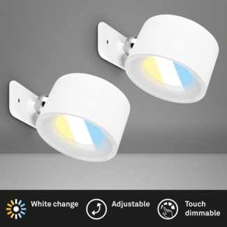 Briloner Leuchten Wandleuchte 2899026B, Dimmfunktion, LED fest integriert, 6500K - Kaltweiß, 2er Set LED Wandlampen zum kleben Weiß 3W Innen ohne Stromanschluss