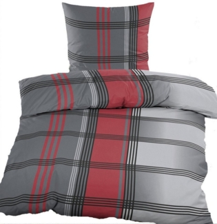 KH-Haushaltshandel Bettwäsche 2-tlg. Bettwäsche Biber Winter Bettwäsche 135 x 200 +80x80cm, kariert, Biber, 2 teilig, rot grau, flauschig weich, warm, Baumwoll Mischgewebe