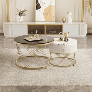 BlingBin Couchtisch Eleganter Zusammensetzbarer Satztisch, Sofatisch Wohnzimmertisch (Beistelltisch mit 1 Schubladen, 1-St, 70*70*45 cm & 50*50*40 cm, Produktladung: 20KG), Marmoroptik, Golddekor, Ideal für Wohnzimmer, Weiß und Schwarz