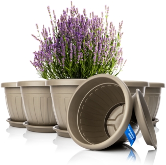 BigDean 6x Blumentopf mit Untersetzer rund ø40xH31 cm Mokka/braun - wetterfester Pflanzkübel - Wasserablauf UV-beständig aus bruchsicherem Kunststoff - Innen + Außen geeignet - Made in Europe
