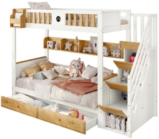 PHOEBE CAT Etagenbett Stockbett Kinderbett mit Rausfallschutz & zwei Lattenroste (viel Stauraum und Abstellfläche), mit 4 Stauraumtreppe, 2 Schubladen und Regalen, Massivholz, 90x200 cm