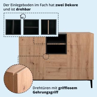 KHG Kommode groß mit 10 Fächern & 3 Drehtüren modern, aus Holzwerkstoff Holzoptik lackiert, Gestell & Akzente in schwarz - 120 x 90 x 42 cm (B/H/T)