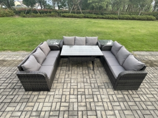 Fimous Rattan Gartenmöbel-Set mit Langer rechteckiger Esstisch 2 Beistelltischen 9 Sitzer Outdoor Garten Sofa Set Dunkelgrau gemischt