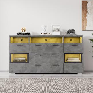 Merax Modernes Sideboard, 140 cm, grau, mit LED-Beleuchtung und transparenten Acryltüren, 2 Türen, 3 Schubladen plus offener Stauraum, Unterschrank, Stauschrank, Sideboard, Eckschrank