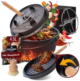GUSSKÖNIG Grilltopf Premium Dutch Oven Set - Gußeisen BBQ Feuertopf - Outdoor und Indoor, Gusseisen (Planer Boden), 4,5L, 7L, 9L, 12L Grilltopf Gußeisen BBQ Feuertopf Schmortopf Topf