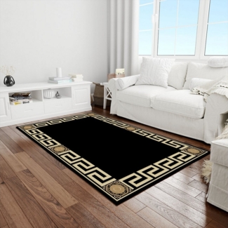 Jungengel Teppich Schwarzer Teppich mit griechischem Muster in Gold – Elegant & Modern, Luxus-Look mit goldener Bordüre im Antikstil