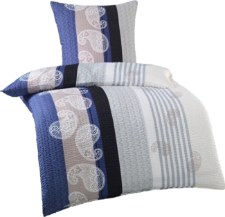 KH-Haushaltshandel Bettwäsche 2-tlg. Seersucker Bettwäsche 135x200 +80x80cm, Paisley, Seersucker, 2 teilig, blau grau weiß, Paisley mit Streifen, bügelfrei