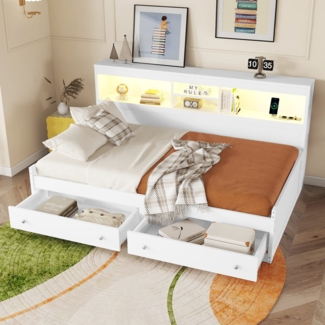Holzbett mit LED-Beleuchtung und Stauraum, 90x200 cm, Einzelbett mit Mehrfachsteckdose und Lattenrost, Jugendbett