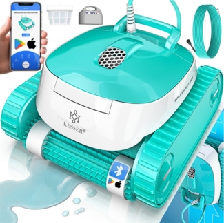 KESSER® Poolroboter für Boden und Wand, Poolsauger bis 100m² Pools & eine leistungsstarke Reinigung, Poolreiniger vollautomatisch mit App-Funktion & Kontrollmodul, Inkl. Abdeckung, Klettermechanismus 72 m², Weiß / Türkis