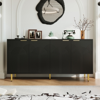 Merax Sideboard 160×80×40 cm, Kommode mit 4 Türen Goldene Gebürstete Griffe und Hochglanz Tischbeine Komodenschrank, Schwarz