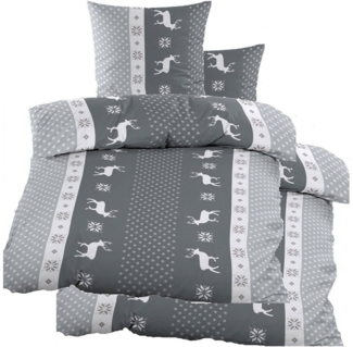 KH-Haushaltshandel Bettwäsche Biber Winter Bettwäsche 2x(135x200 + 80x80 cm), Hirsche/Streifen, Biber, 4 teilig, grau weiß, flauschig weich, warm, 100% Baumwolle